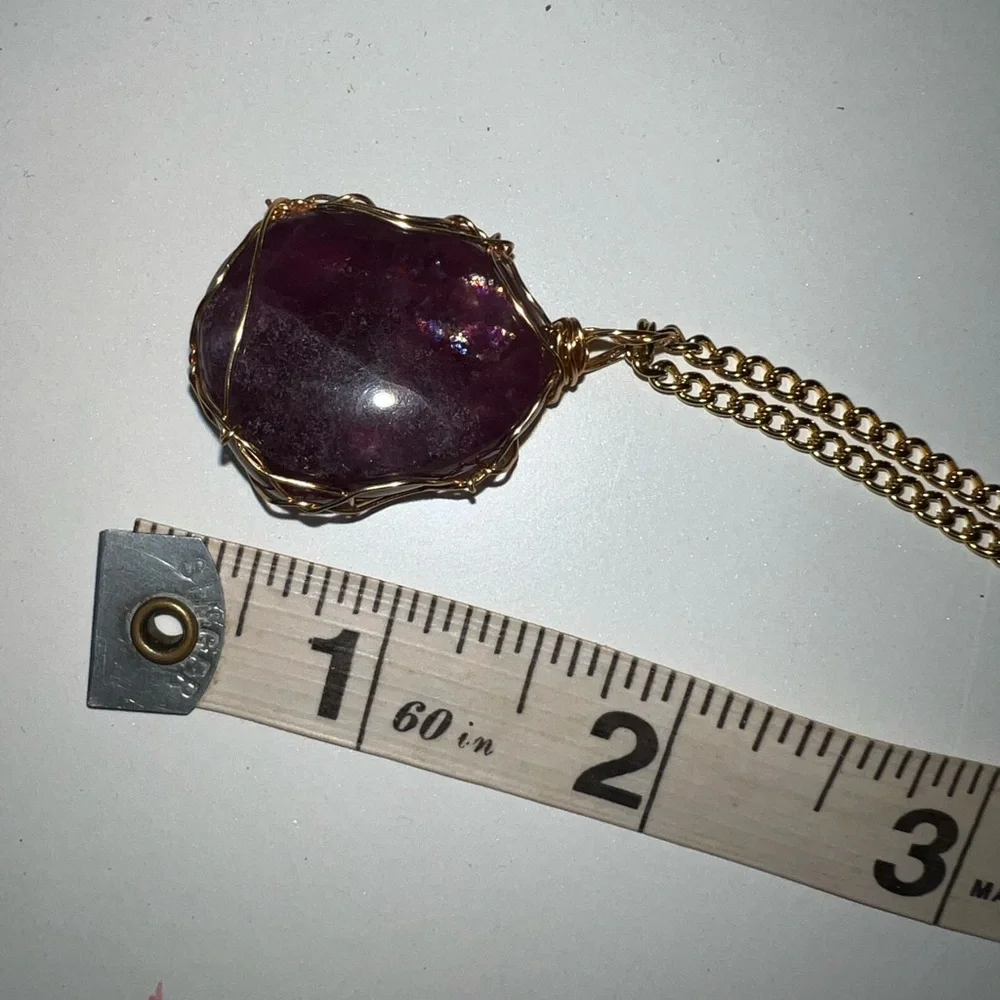 ✨ Deep Purple Fluorite Necklace • Gold Wrapped • 24" Chain ✨ - Picture 13 of 16